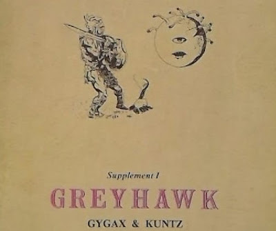 a zoomed in and cropped image of the cover of the Greyhawk supplement to Dungeons & Dragons by Gygax & Kuntz. A knight can be seen in a guarded position facing against a listless-looking, floating eyeball with many small tentacles sticking from its top.