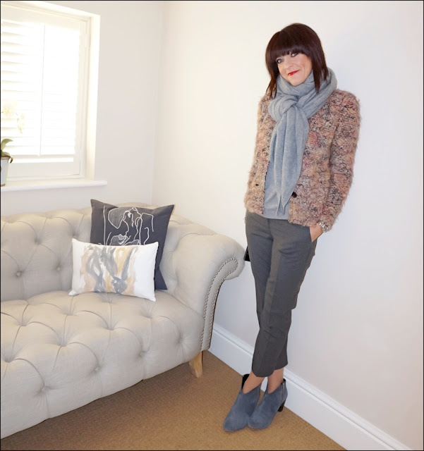 My Midlife Fashion, zara cashmere scarf, iro helga jacket, the white company ultimate oxford trouser, hush thornton ankle boots, marks and spencer pure cashmere crew neck jumper