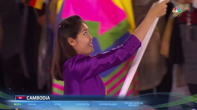 Cambodia delegation flag bearer purple uniform outfit Rio 2016 Olympics Opening Ceremony