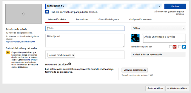 Captura pantalla opciones campos a completar al subir vídeo a Youtube