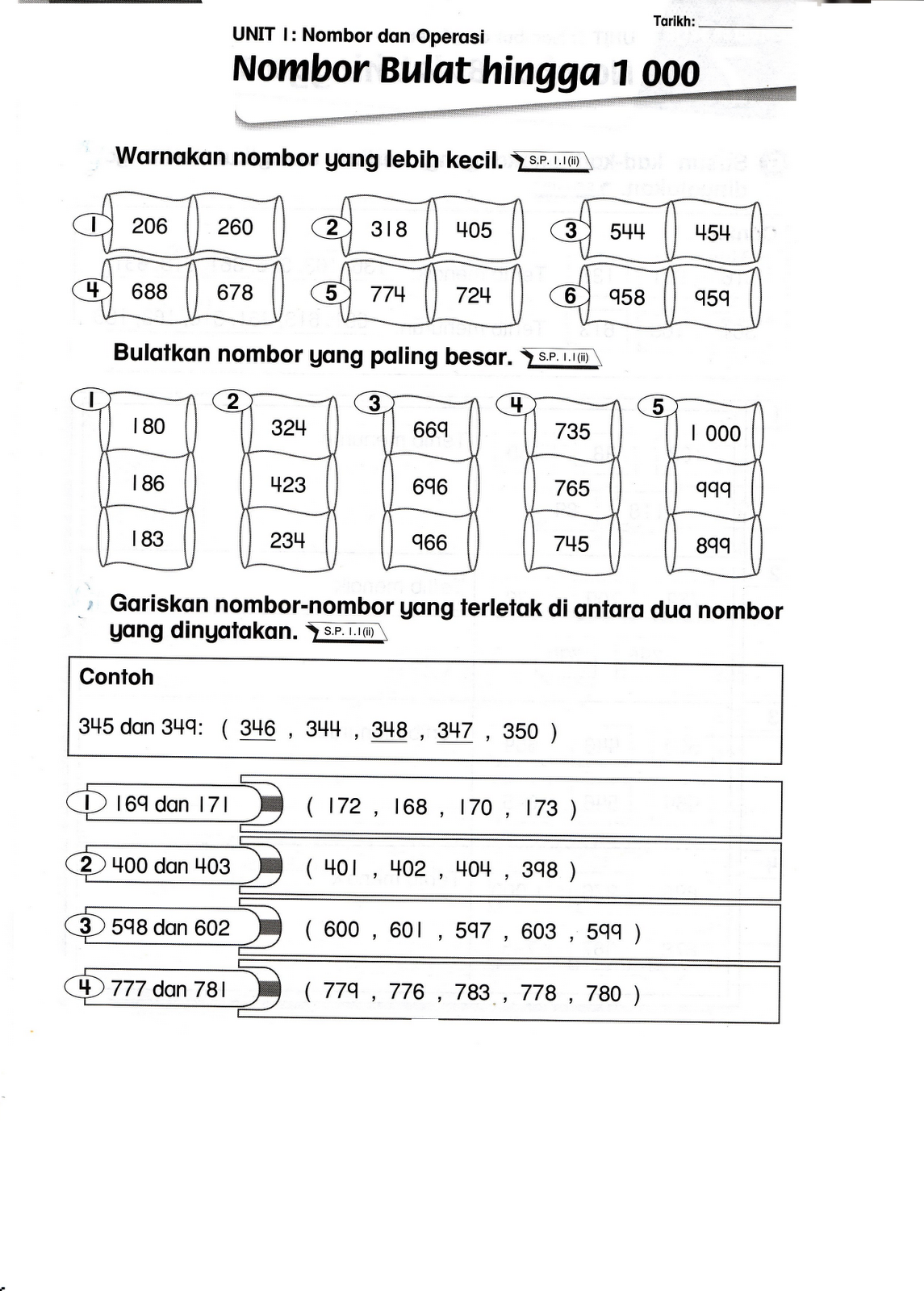 SUDUT MATEMATIK: Lembaran Kerja 2 ( Nombor Bulat Hingga 1000 )