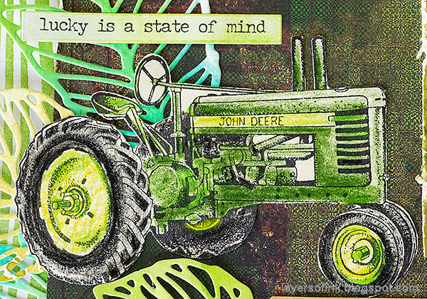 Layers of ink - Beautiful shades of green layout by Anna-Karin Evaldsson. Tractor stamp.