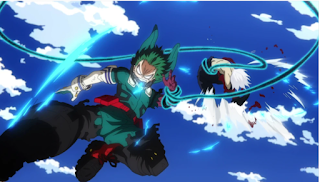 Izuku holding Shigaraki in Black whip, flying forward after having struck him across the chest with a Texas Smash kick.