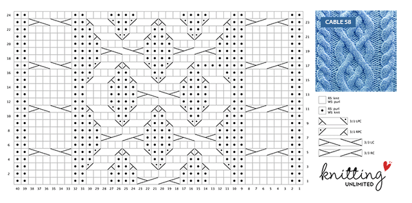 Advanced Cable Knitting No 58. This pattern is available for FREE on Knitting Unlimited website. Including written instructions and a chart.