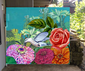hummingbird mural, rose mural, tropical flowers mural, zinnias mural, garden mural, portland mural