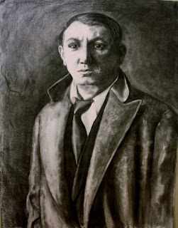 black and white painting of man in an over coat