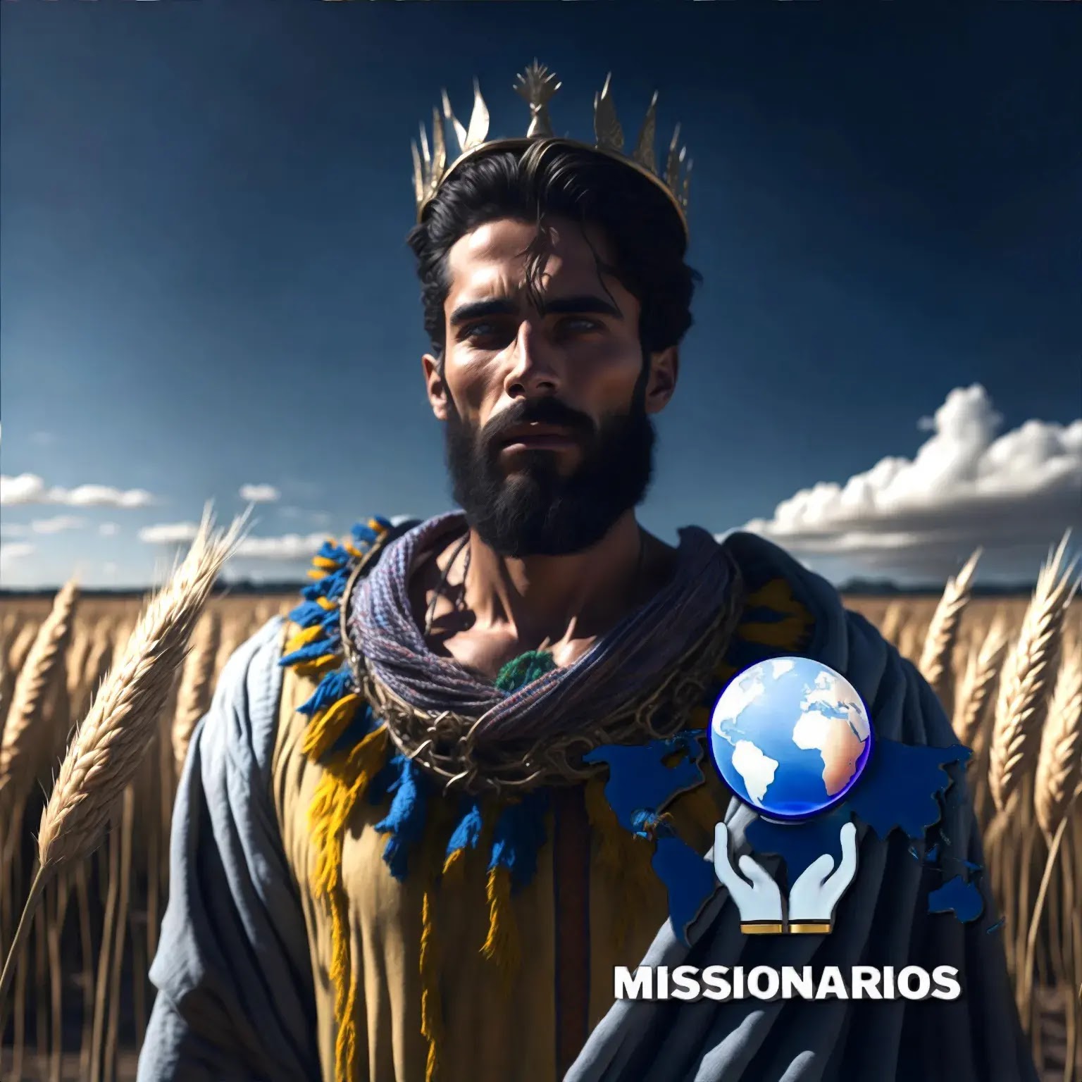 A imagem mostra uma representação de José, vestindo uma túnica multicolorida, usando uma coroa, no meio de um campo de trigo, céu azul.