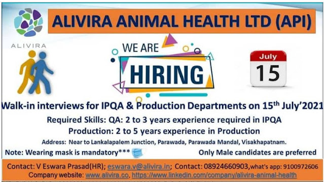 Job Availables, Alivira Animal Health Ltd Walk-In Interviews for Production, IPQA Department