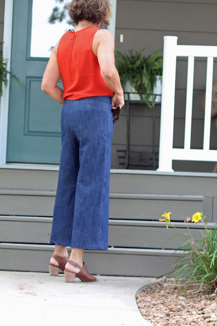 McCall's 7445 wide leg culottes, a Melissa Palmer pattern made in Mood Fabrics' stretch denim - back view