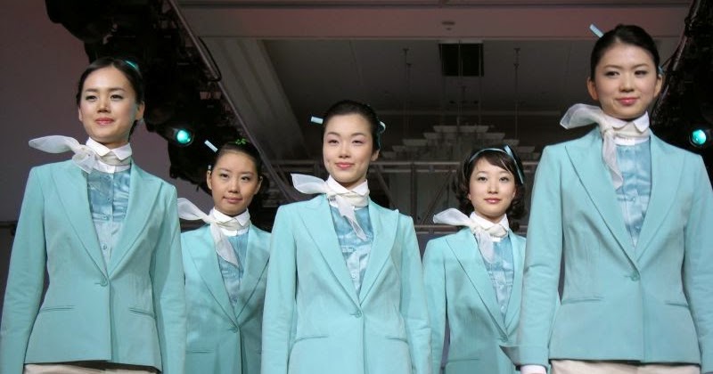 Korean Air flight attendants in blue wear World 