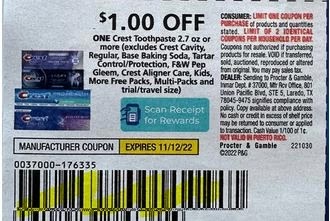 $1.00/1 Crest Toothpaste 2.7 Oz Or Larger Coupon from "P&G" insert week of 10/30/22..