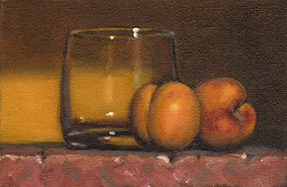 Still life oil painting of two apricots beside an old fashioned glass.