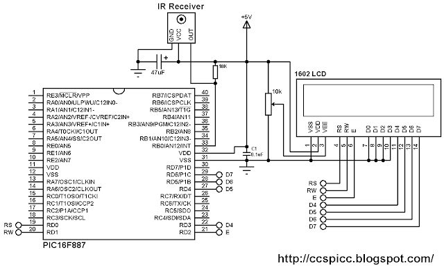 RC-5 remote control decoder with PIC16F887 microcontroller circuit