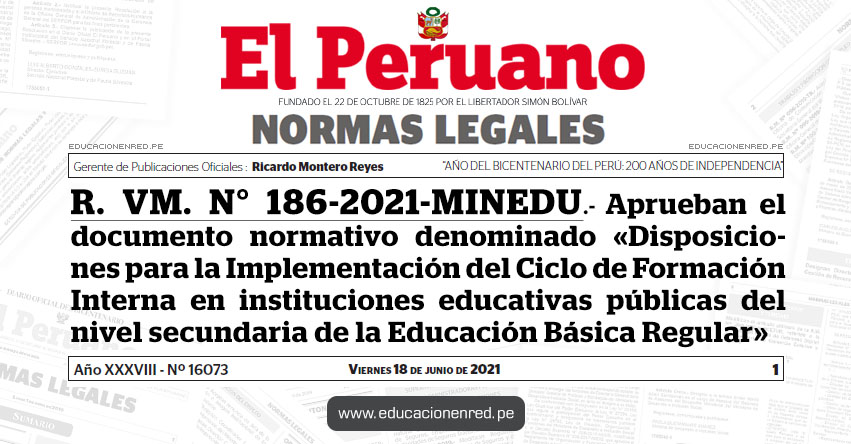 R. VM. N° 186-2021-MINEDU.- Aprueban el documento normativo denominado «Disposiciones para la Implementación del Ciclo de Formación Interna en IIEE. públicas del nivel secundaria de la Educación Básica Regular»