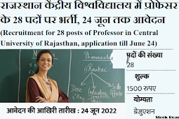 राजस्थान केंद्रीय विश्वविद्यालय में प्रोफेसर के 28 पदों पर भर्ती, 24 जून तक आवेदन (Recruitment for 28 posts of Professor in Central University of Rajasthan, application till June 24)