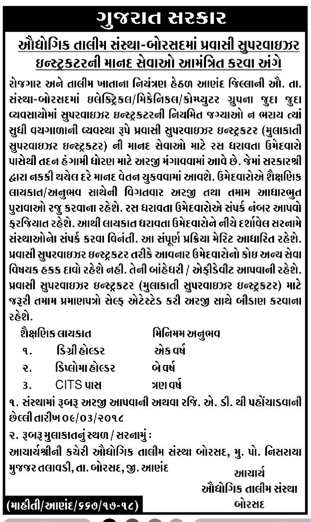 ITI Borsad Recruitment for Pravasi Supervisor Instructor Posts 2018