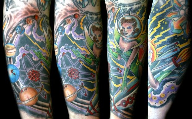 Space girl sleeve tattoo ink.