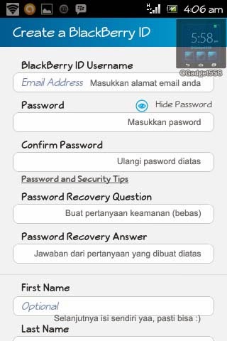 Petunjuk pengisian data untuk BlackBerry ID di Android