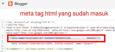 Memasang meta tag untuk verifikasi bing webmaster tools