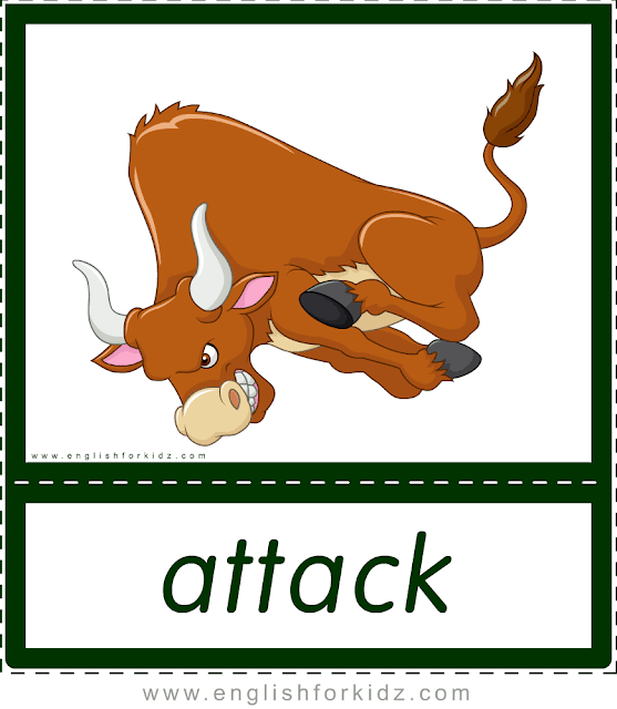 Attack (bull) - printable animal actions flashcards for English learners