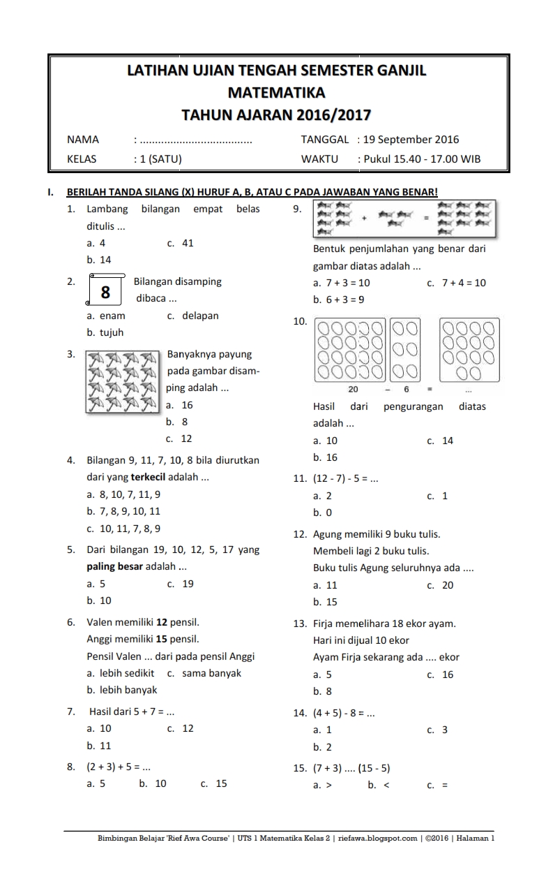 Contoh Latihan Soal Soal Matematika Sd Kelas 1 Semester Ganjil