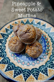 These sweet muffins are packed with fruit--pineapple--and vegetable--sweet potato which add depth and character to a tender breakfast treat. Topped with maple sugar for crunch, this muffin is an all around satisfying snack.