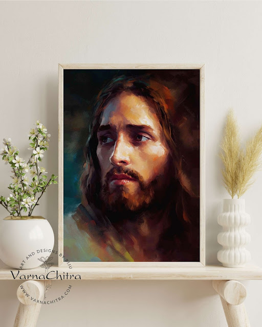 Unique close up painting of Jesus Christ in Impasto Thick Oil Painting Style.  Colorful deep colors, handsome Jesus with elegant look, by Biju Varnachitra