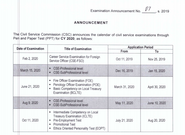 CSC releases exam calendar for 2020