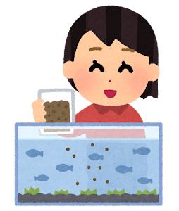 ペットの魚に餌を上げる人のイラスト（女性）