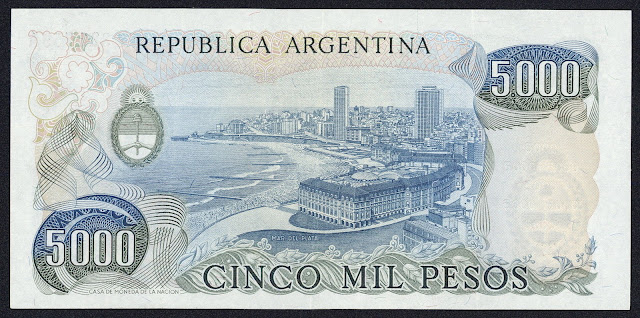 Argentina money currency 5000 Pesos banknote 1980 Mar del Plata Beach Resort coastline running along the Atlantic Ocean