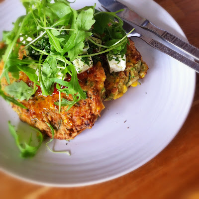 Sweetcorn & courgette fritters with chilli jam and herbed feta ©bighomebird