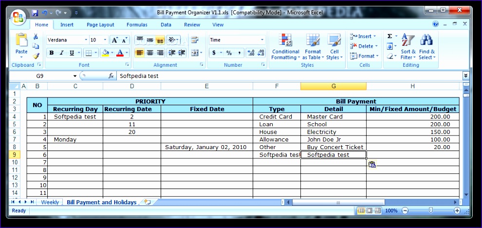 Simple Bill Payment Organizer with Date Tracker