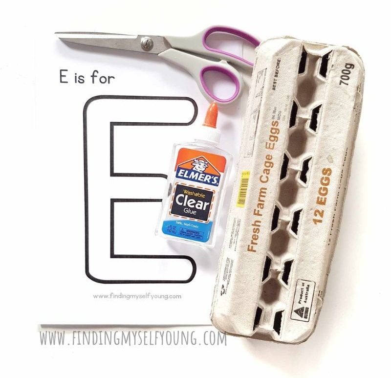 supplies needed to make E is for egg carton craft.