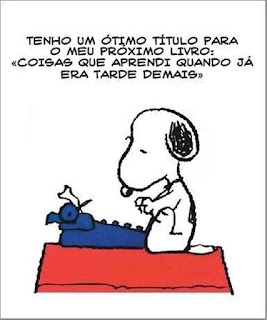 Quadrinho do Snoopy sentado no telhado vermelhos da sua casinha. Ele olha compenetrado para uma máquina de escrever azul a sua frente. Com as patinhas próximas ao teclado e pensa: Tenho um ótimo título para o meu próximo livro: "Coisas que aprendi quando já era tarde demais".