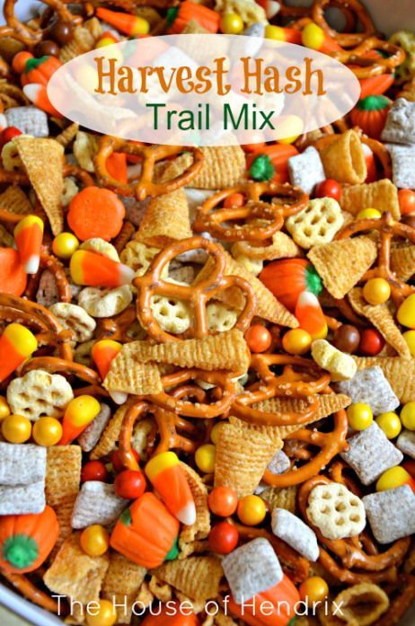 Delicious blend of salty and sweet. Recipe for Harvest Hash, a Halloween Trail Mix. Perfect for a Fall snack, Halloween party, or gift for neighbors.