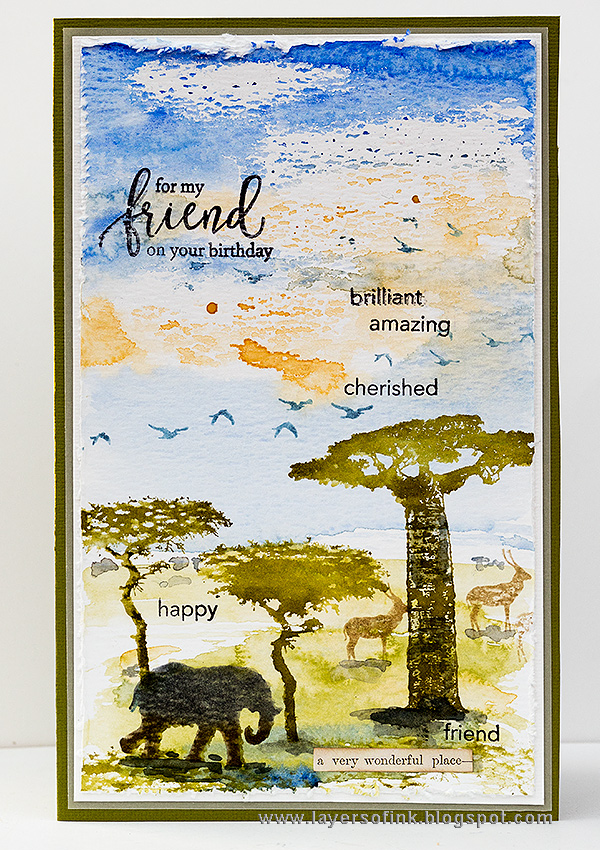Layers of ink - Wildlife Birthday Card by Anna-Karin Evaldsson with Darkroom Door African Trees stamps