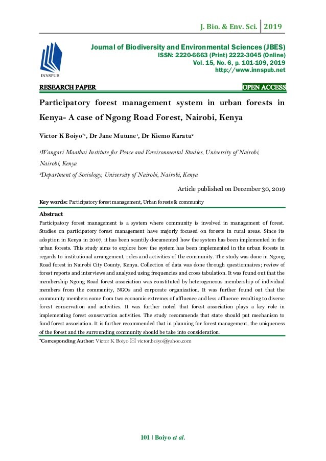 Participatory forest management is a system where community is involved in management of forest. Studies on participatory forest management have majorly focused on forests in rural areas. Since its adoption in Kenya in 2007, it has been scantily documented how the system has been implemented in the urban forests. This study aims to explore how the system has been implemented in the urban forests in regards to institutional arrangement, roles and activities of the community. The study was done in Ngong Road forest in Nairobi City County, Kenya. Collection of data was done through questionnaires; review of forest reports and interviews and analyzed using frequencies and cross tabulation. It was found out that the membership Ngong Road forest association was constituted by heterogeneous membership of individual members from the community, NGOs and corporate organization. It was further found out that the community members come from two economic extremes of affluence and less affluence resulting to diverse forest conservation and activities. It was further noted that forest association plays a key role in implementing forest conservation activities. The study recommends that state should put mechanism to fund forest association. It is further recommended that in planning for forest management, the uniqueness of the forest and the surrounding community should be take into consideration.