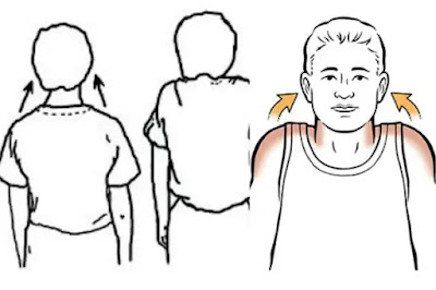 Illustration showing correct placement of hands for a shoulder massage, with arrows indicating the direction of movement.