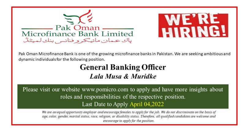 Pak Oman Microfinance Bank Jobs General Banking Officers