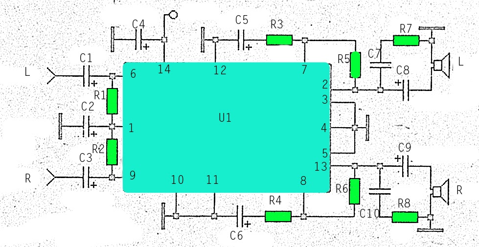 Stereo 9 Volt power amplifier circuit Gambar Skema 