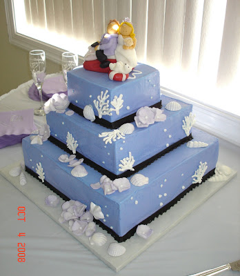 A beautiful beachthemed Wedding cake decorated with sugar flowers