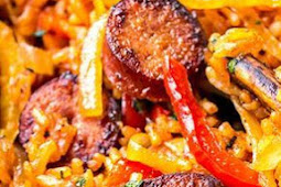 Smoked Sausage and Red Rice Skillet with Charred Onions and Peppers