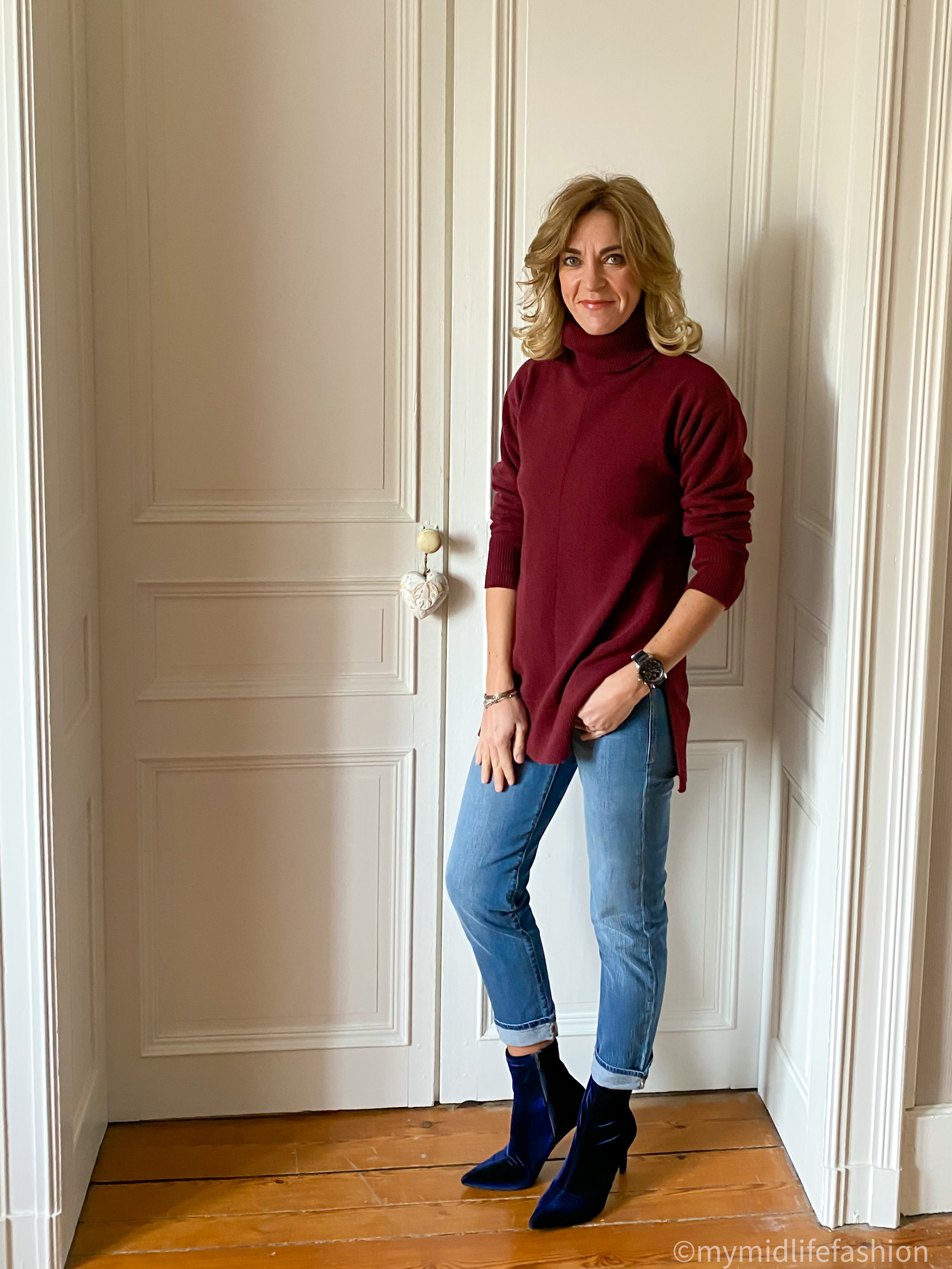 my midlife fashion, baukjen Mackenzie wool blend jumper, baukjen boyfriend jean, marks and Spencer stiletto heel ankle boot