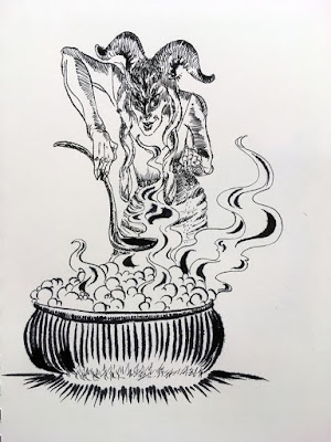 A black and white ink drawing of a horned humanoid creature with long, lean arms, recurved rams' horns, a long, narrow face, and pendant corkscrewed ears, leaning over a ladleful of dark liquid from a bubbling, steaming cauldron. She's lit from beneath, and the cauldron is defined by spaced, wide marks with a few deeper smudges where the ink bled from mark to mark at the left and right edges.