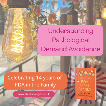 background is faded image of an old style filament lightbulb. Text says Understanding Pathological Demand Avoidance celebrating 14 years of PDA in the Family
