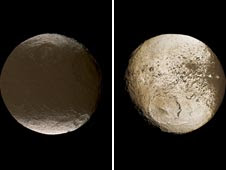 These two global images of Iapetus show the extreme brightness dichotomy on the surface of this peculiar Saturnian moon