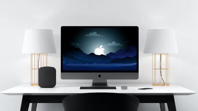 Apple logo in the place of Moon in a nightscape mountain illustration to use as background wallpaper on Mac and MacBook.