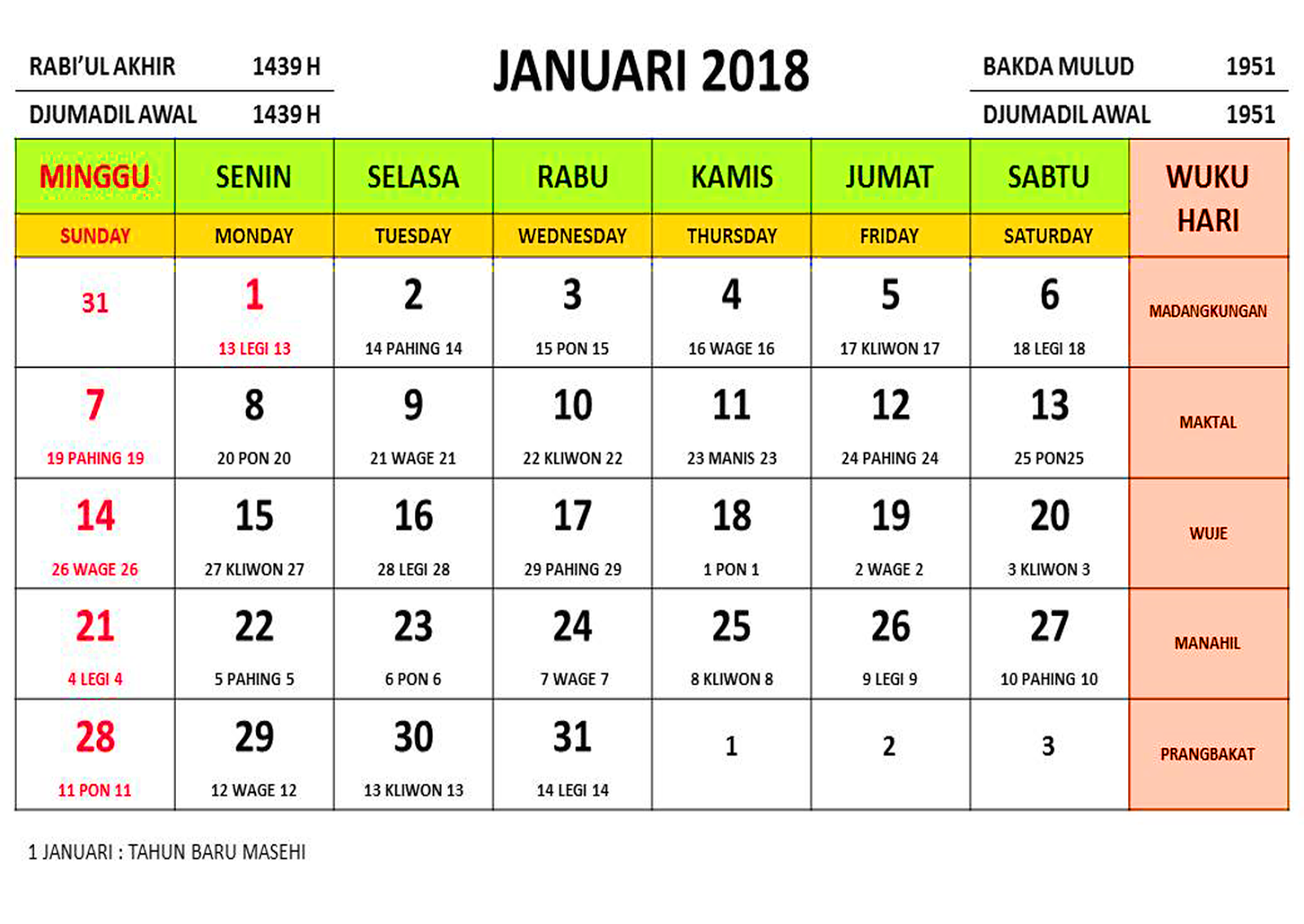 Kalender tahun 2018 masehi islam jawa dan libur nasional 