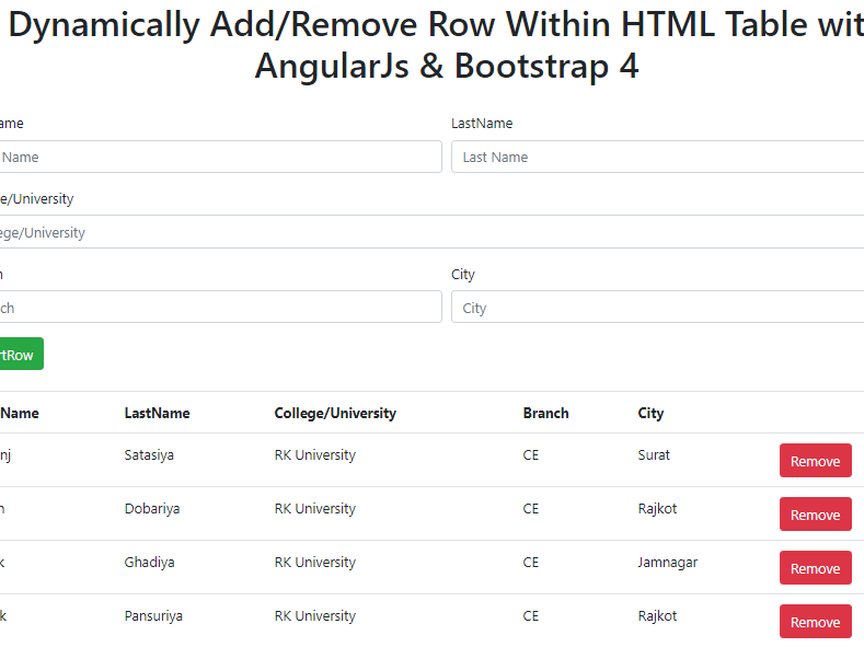 Add/Remove Row Dynamically Within HTML Table Using Angular