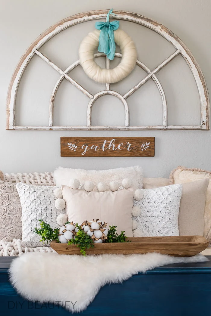 chippy window with natural wool wreath